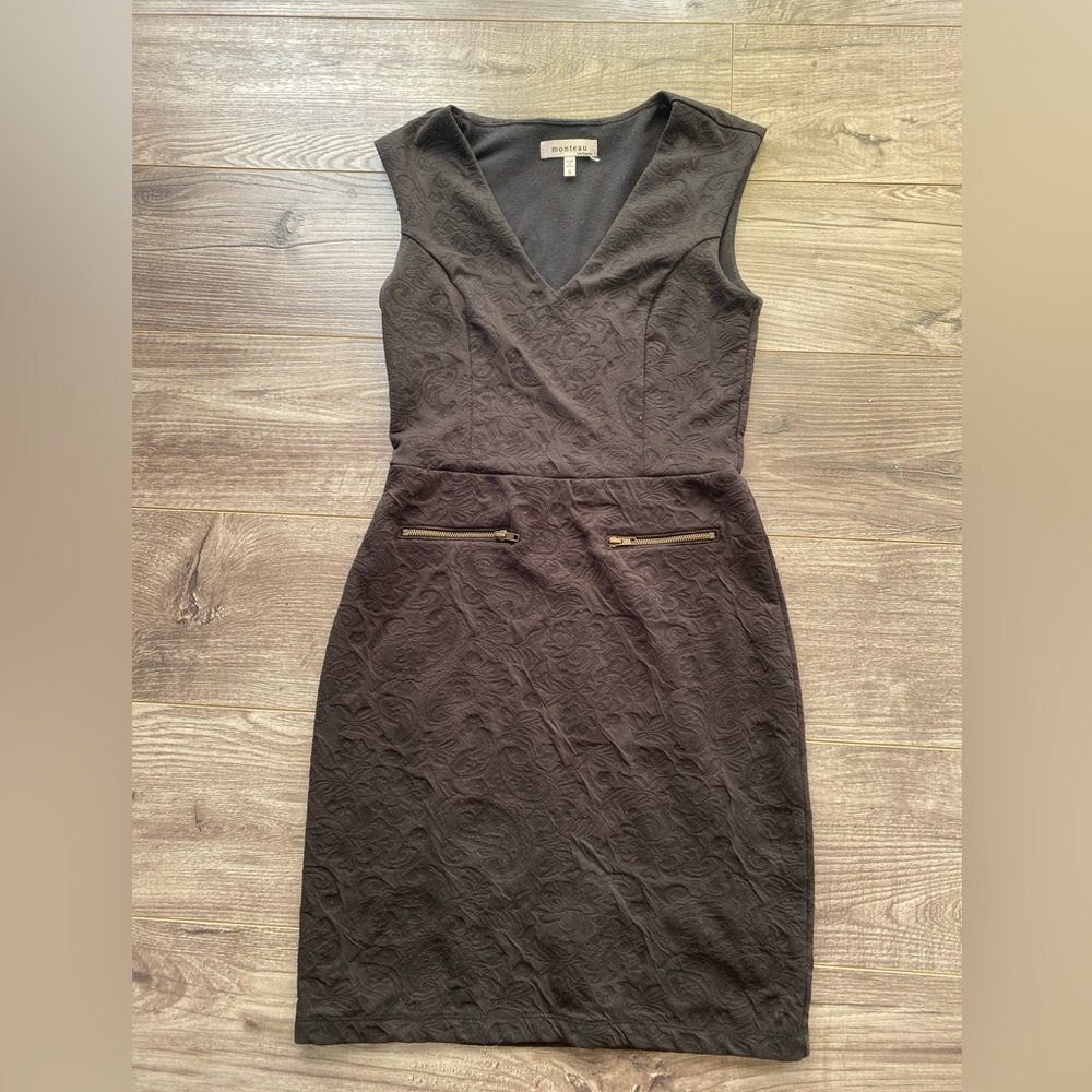 Monteau vneck little black dress textured rose pattern and zipper decor